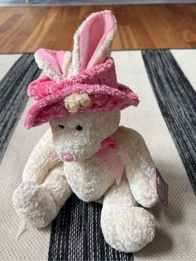 Self Expressions Ivory Easter Bunny Plush with Pink Hat and Ribbon New!